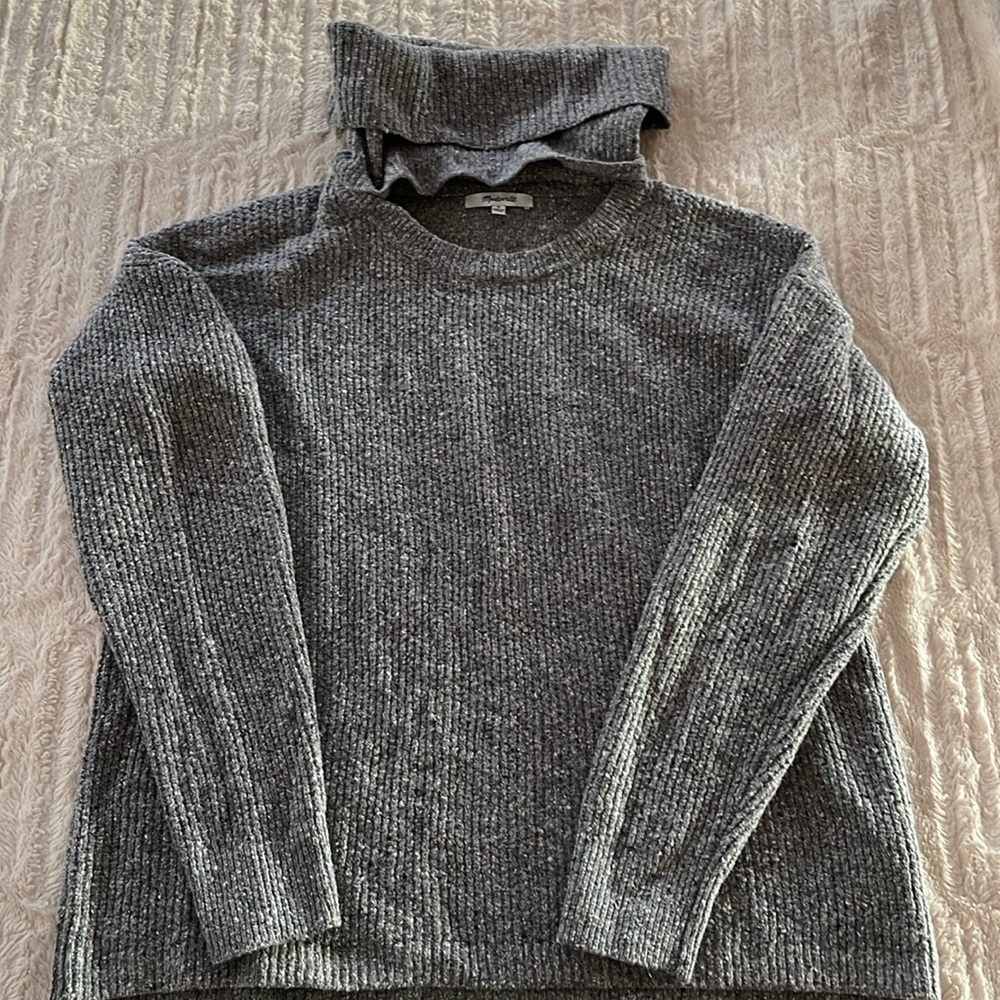 Madewell Cowl neck sweater heathered gray front opening and back buttons sz Med